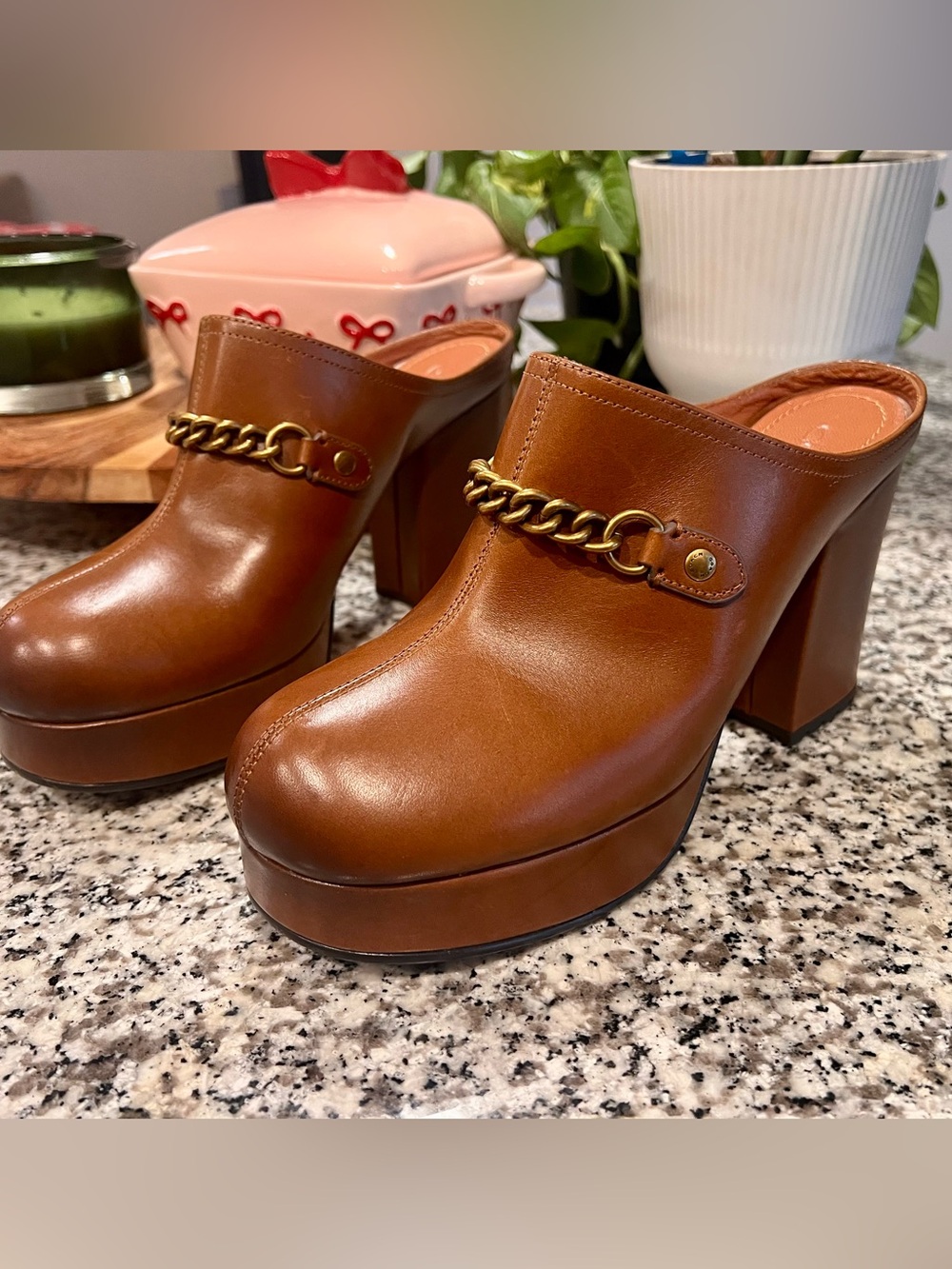 Coach Tan Leather Platform Mule with Gold Chain Trim